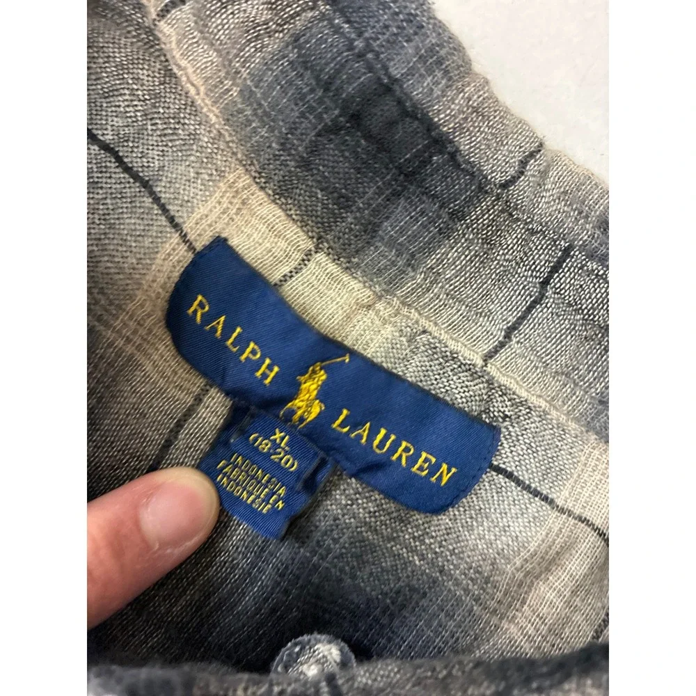 Ralph Lauren Boys XL 18-20 Gray Black Ombre Plaid Flannel Button Down Shirt Logo